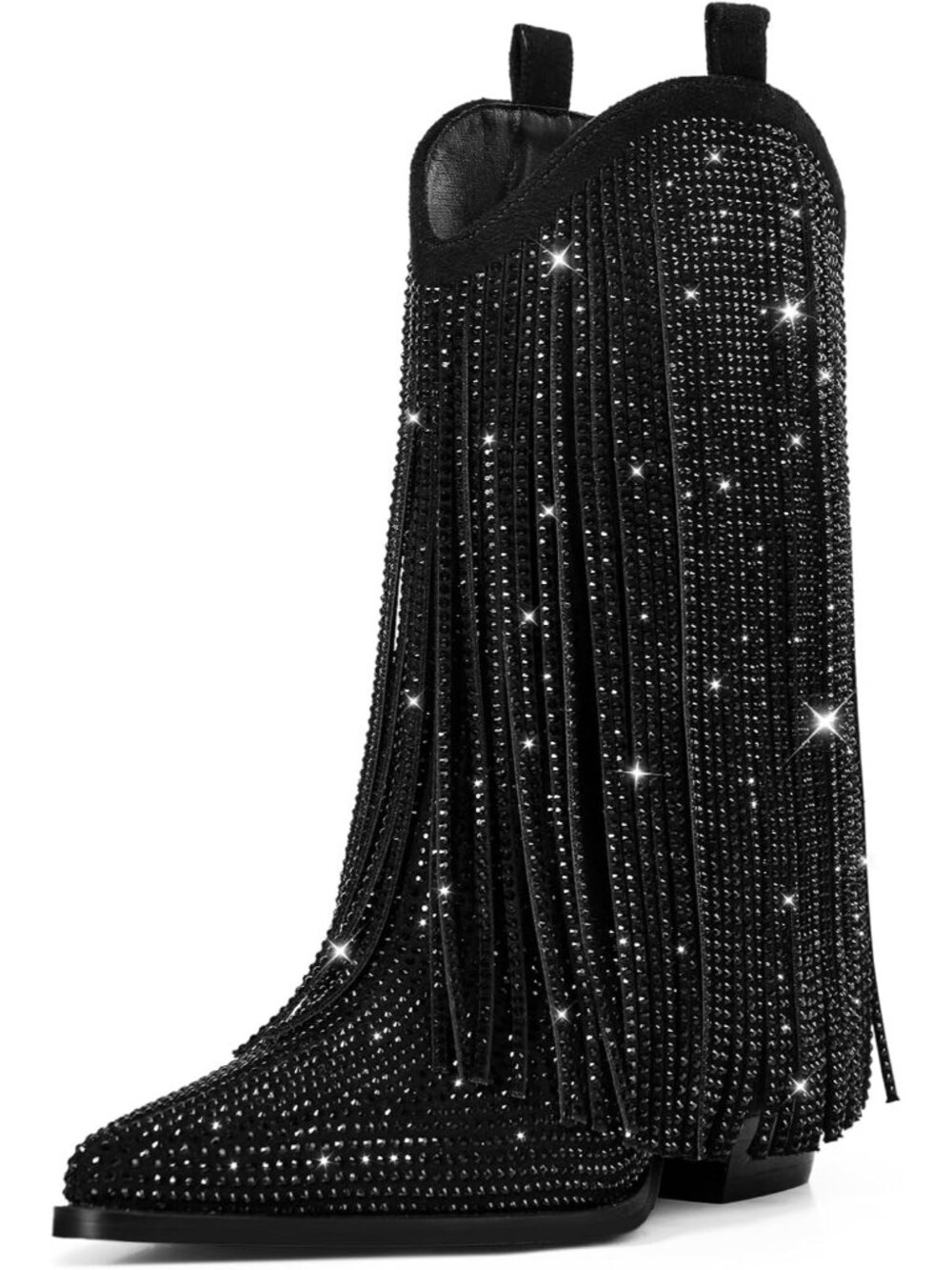 Women's Black Suede With Rhinestones Sparkly Fringe Stacked Heel Cowgirl Boots